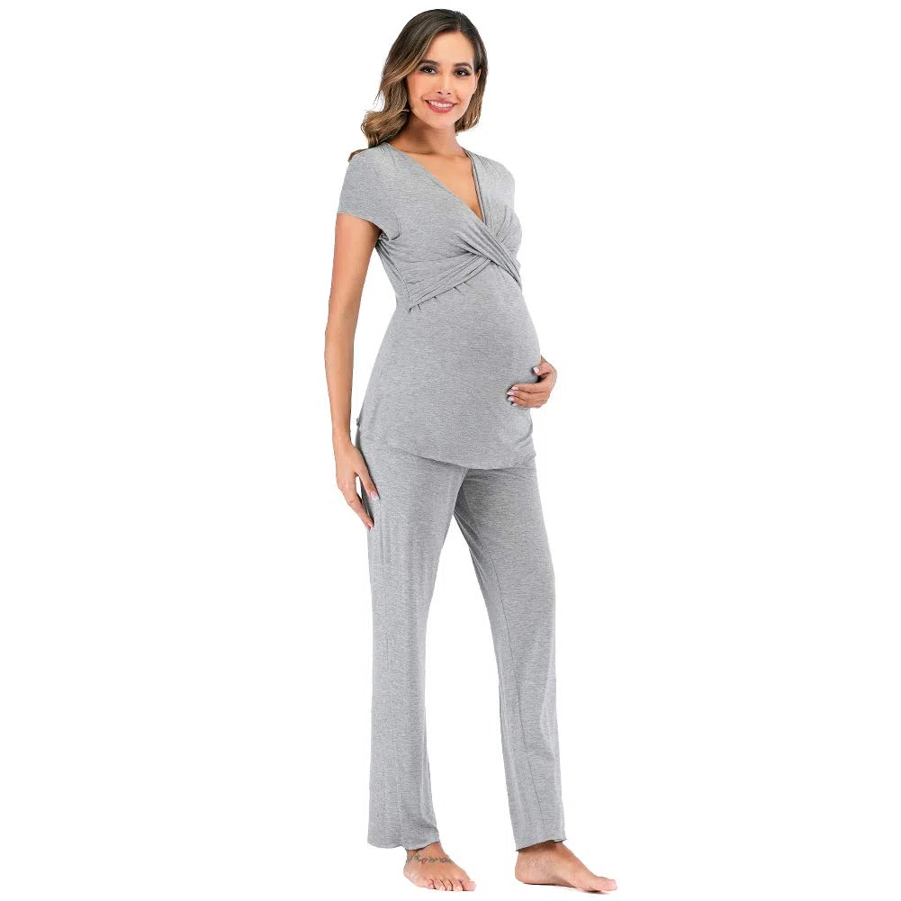 rismart Due Pezzi Pigiama Premaman Donna Camicia da Notte Allattamento Maniche Corte Magliette e Pantaloni Set