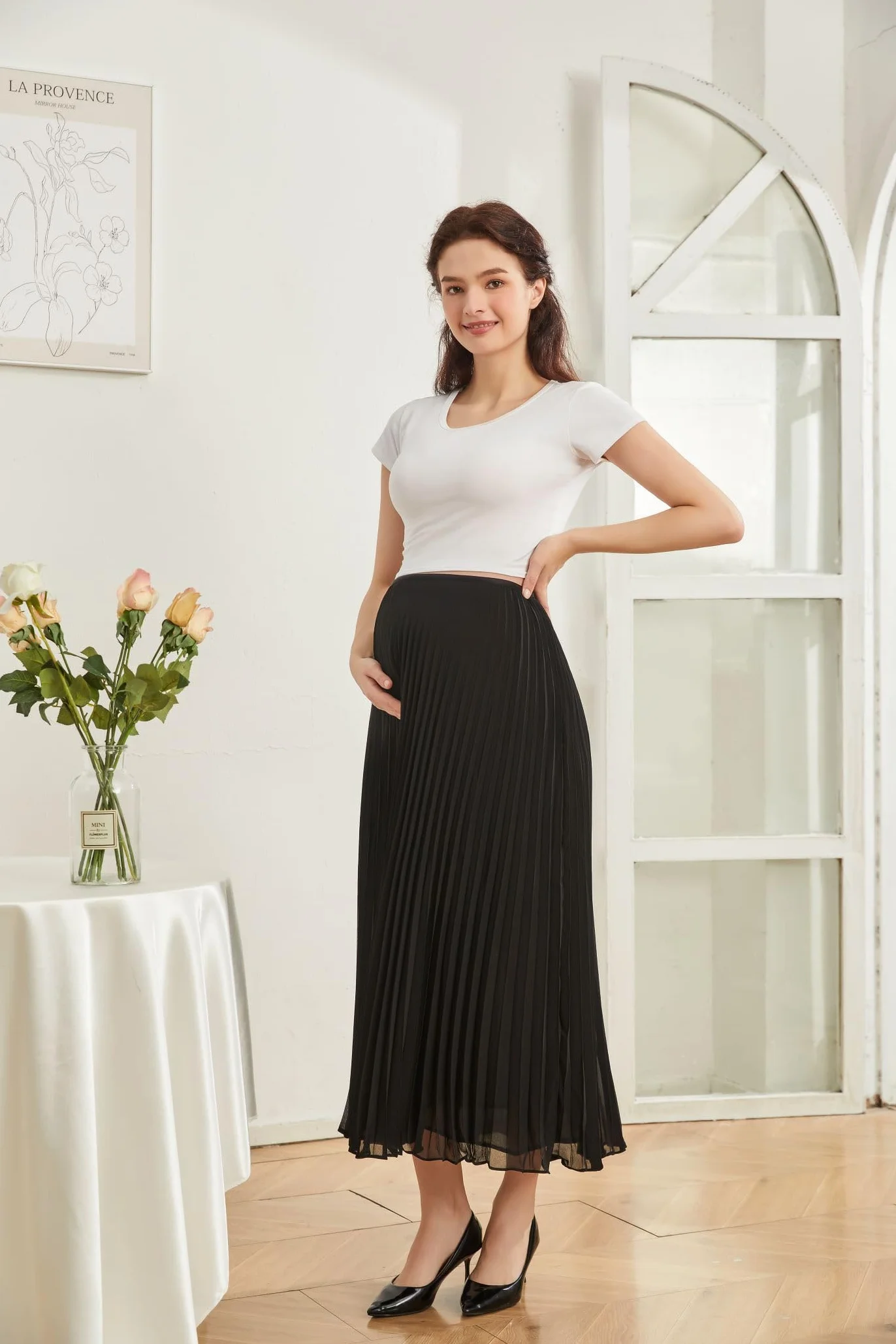 Gonna Premaman Gravidanza da Donna Plissettata Elastica a Vita Alta, sopra la Pancia, A Linea maternità in Chiffon