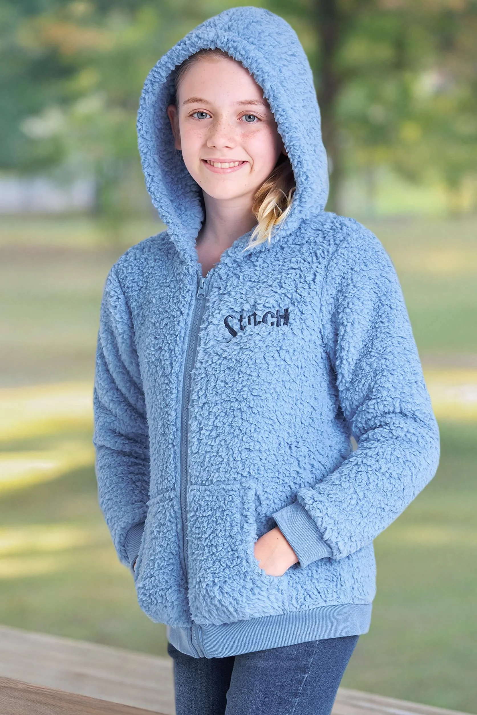 Disney Stitch Sherpa Hoodie for Girls, Zip Up Fleece Fluffy Hoodie for Kids Teens