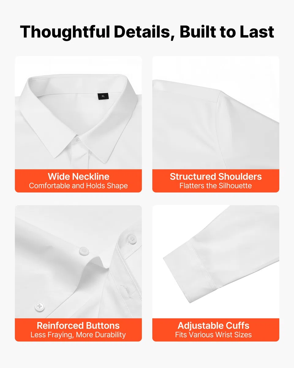 VEVOR Camicia da Uomo con Bottoni, Maniche Lunghe Antipiega, vestibilità Slim Fit in Tessuto Morbido ed Elasticizzato per Abbigliamento Casual o Formale da Lavoro, Lavoro, Matrimonio, Cena, Bianco