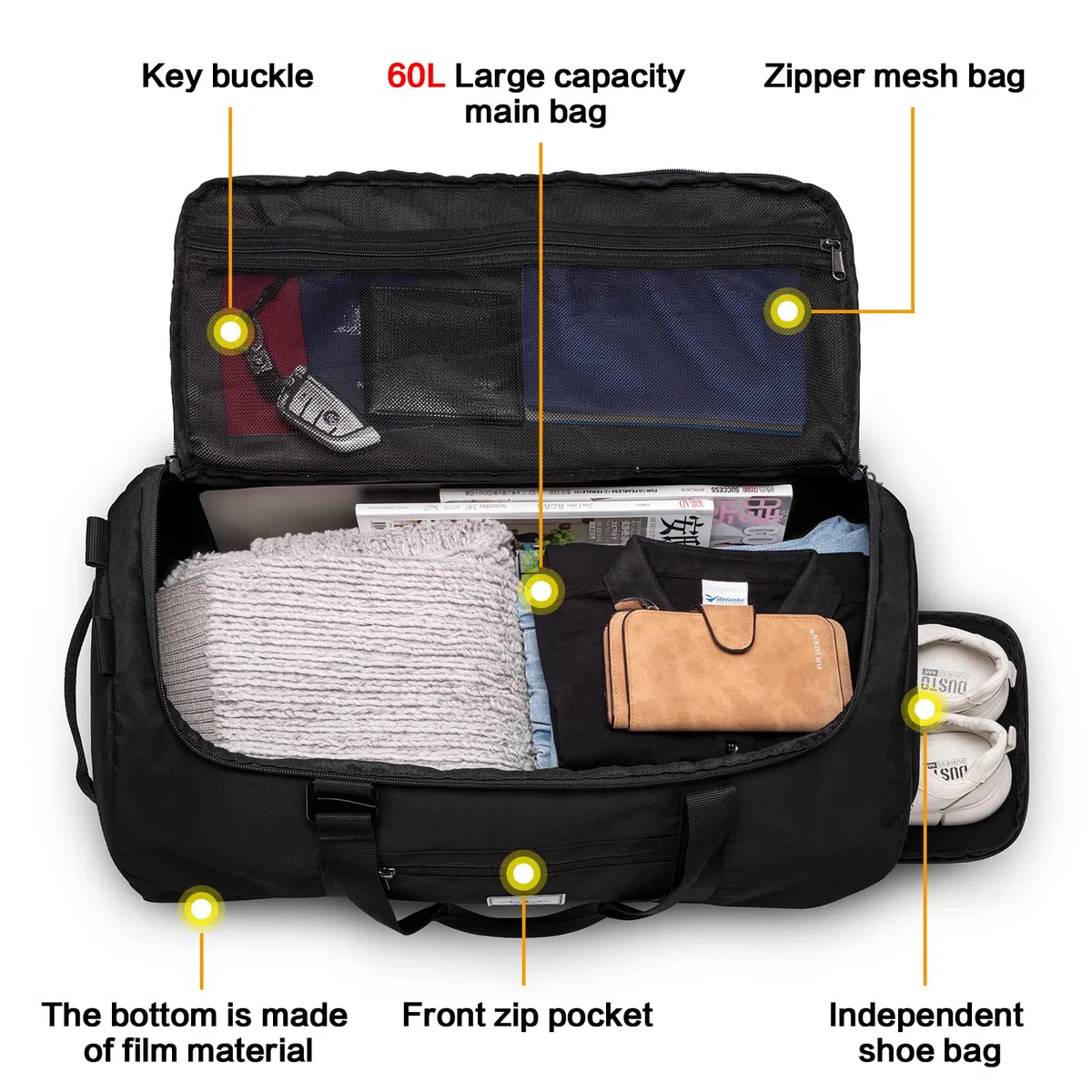 Borsa da viaggio con scomparto per scarpe, grande borsa sportiva, da uomo, donna, impermeabile, Weekender, A-nero., 60L, viaggi, campeggio, weekend, pernottamento, palestra, sport, fitness