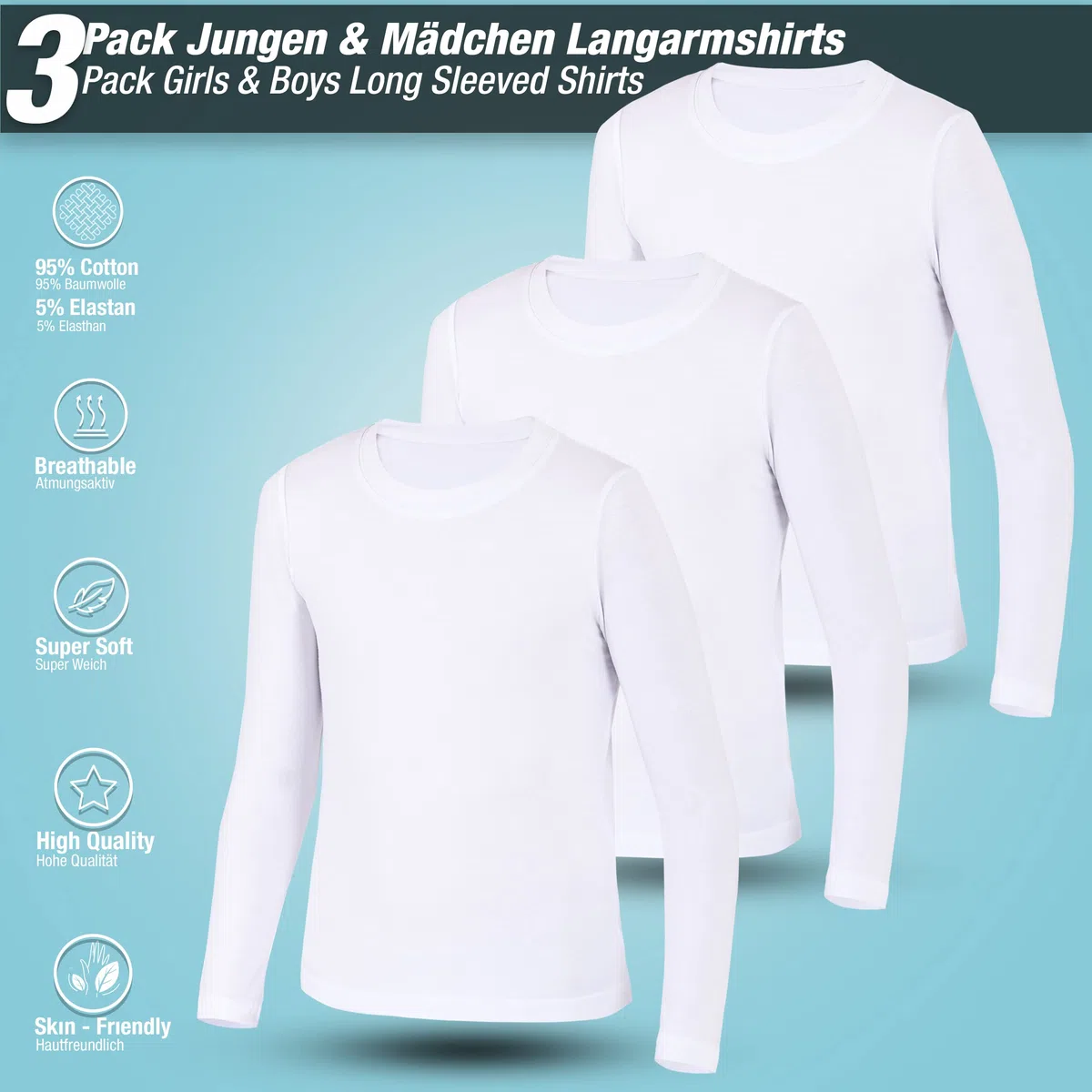 LOREZA ® 3 Bambini Ragazzi Ragazze Uni Manica Lunga Magliette Intimo Camicie Manica Lunga