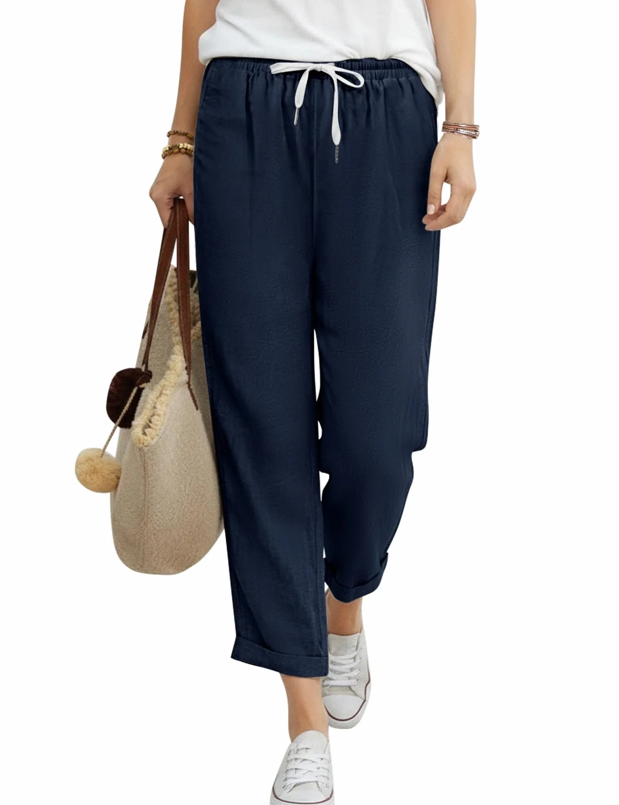 Pantaloni Donna Estivi Leggeri 7/8 Larghi Cotone Pantalone Elastici in Vita Tinta Unita Casual Gamba Dritta Pantaloni Comodi Eleganti Spiaggia Pantalone con Tasche