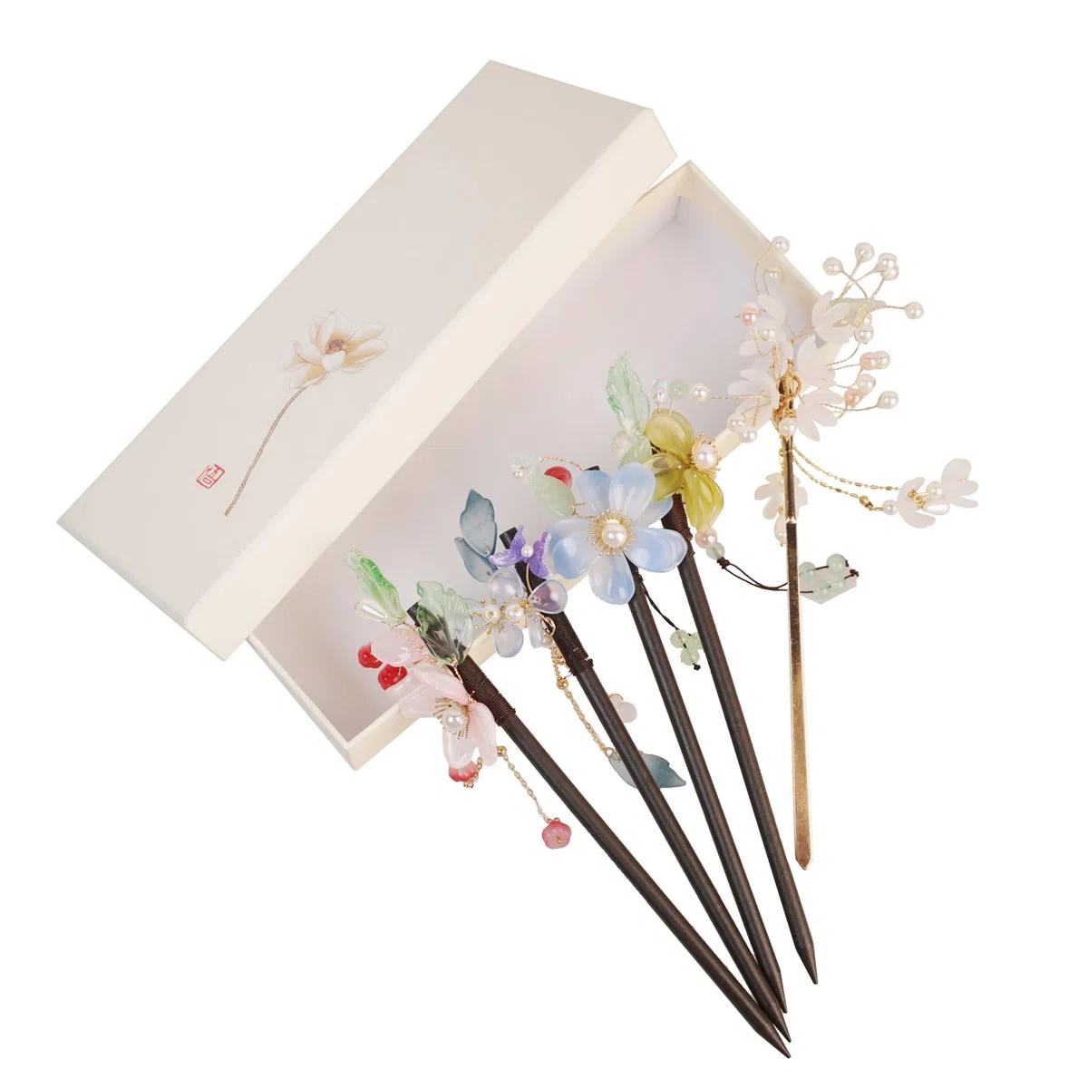 Set di forcine asiatiche con decorazioni floreali, 5 bacchette per capelli in legno e metallo, 18 cm