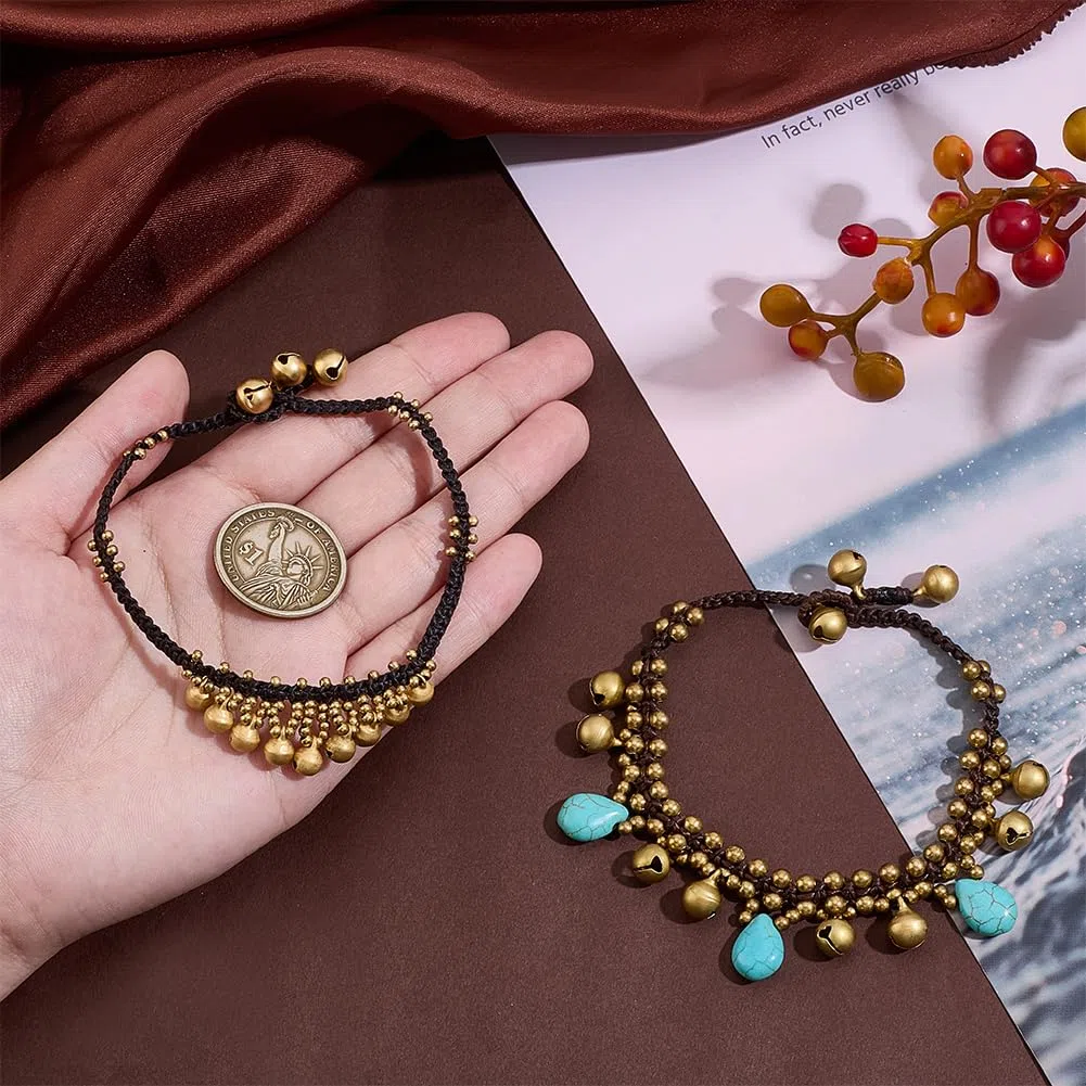 PH PandaHall Bracciali Caviglia Bohemien 2 pz Cavigliere Campana Cavigliere Indiane Oro Turchese Goccia per Caviglie per Donne Adulti Estate Spiaggia Gioielli, 24cm