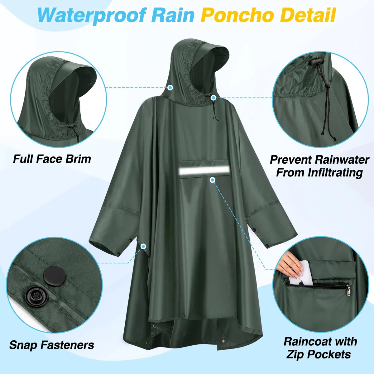 Poncho Antipioggia Impermeabile Riutilizzabile con Cappuccio Maniche e Riflettore Poncho Impermeabile per Adulti unisex Portatile Poncho Pioggia per Uomo Donna Trekking Campeggio Pesca