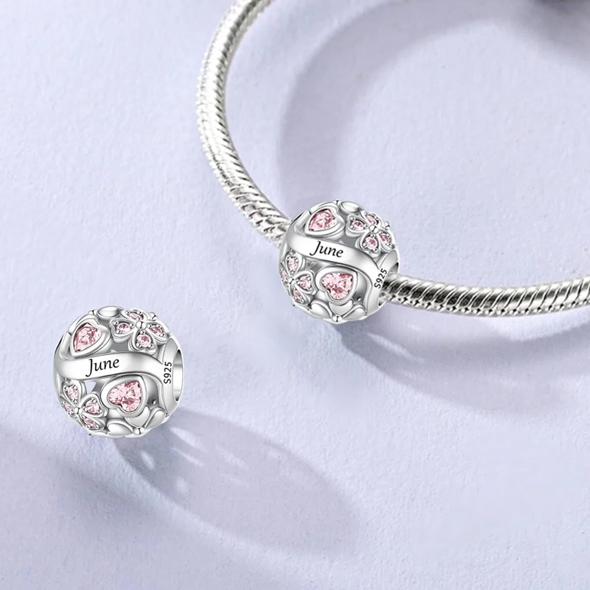 LNQOBU Birthstone Charms per Braccialetti, 925 Argento Sterling Perline di Fascino a Forma di Cuore con trifoglio Portafortuna, Ciondolo d'amore, Regalo di Compleanno per le Donne