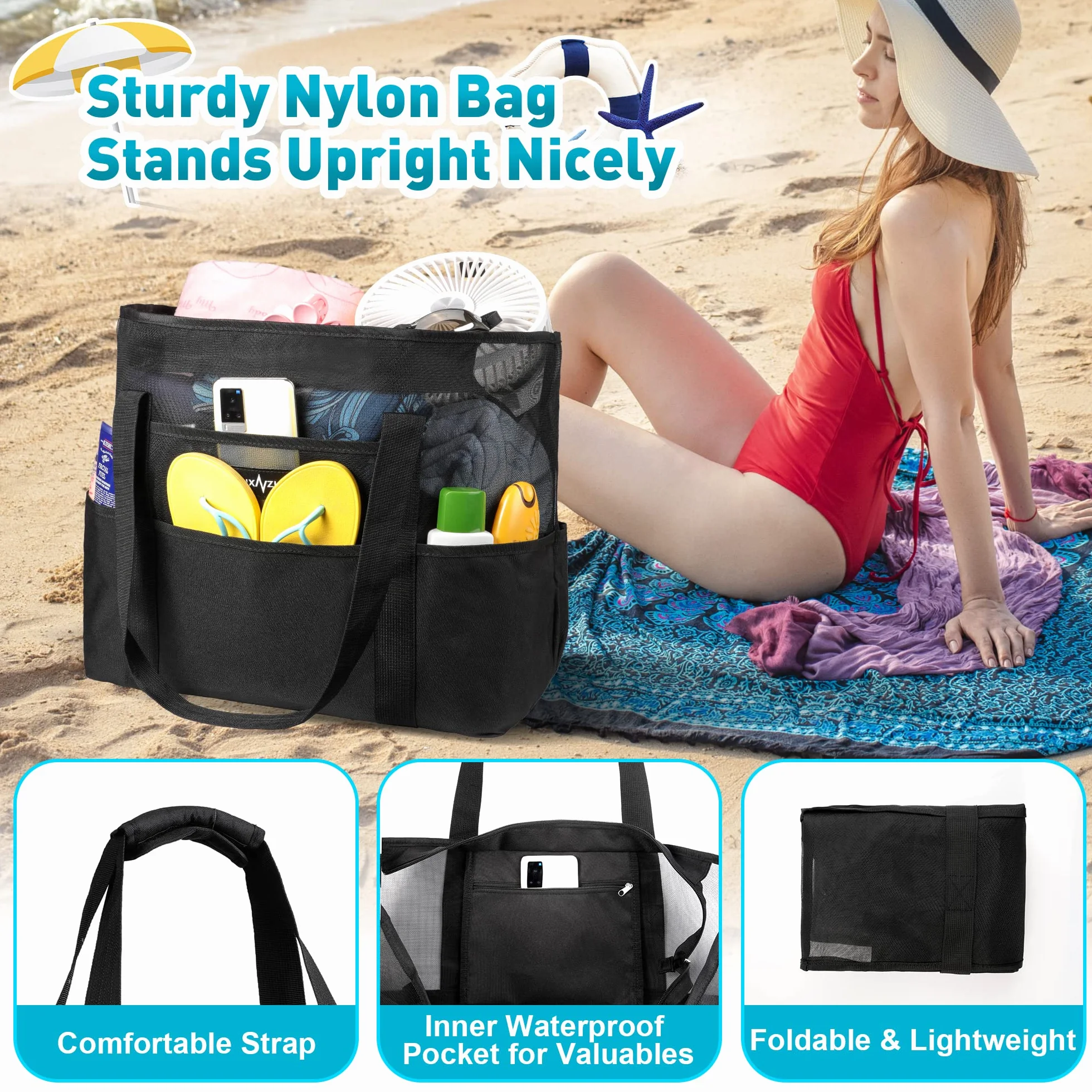 Borsa Mare Grande Con Cerniera, Borsa Spiaggia, Pieghevole Rete Borsa Porta, Supermercato Famiglia Nuoto la Palestra Estate Donna Uomo
