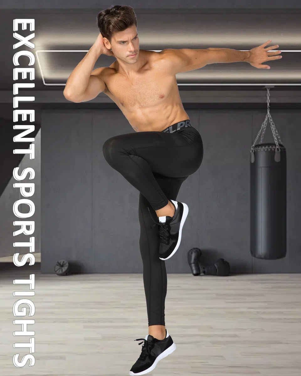 Yuerlian Leggings a compressione da uomo, leggings da corsa, pantaloni da palestra con tasche, freschi e asciutti, per allenamento, sport, palestra, yoga, calcio, ciclismo