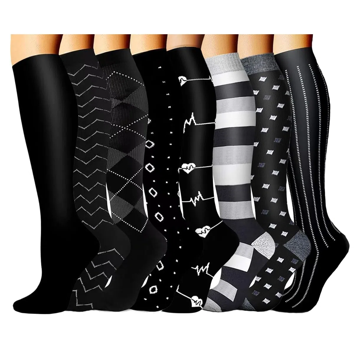 Calze a Compressione, (8 paia) per Uomo e Donna 15-20 mmHg, Calze a Compressione Graduata per Infermiere, Sportivi, Atletica, Medici, Ciclismo, Running e in Gravidanza, Viaggi in Aereo, Recupero