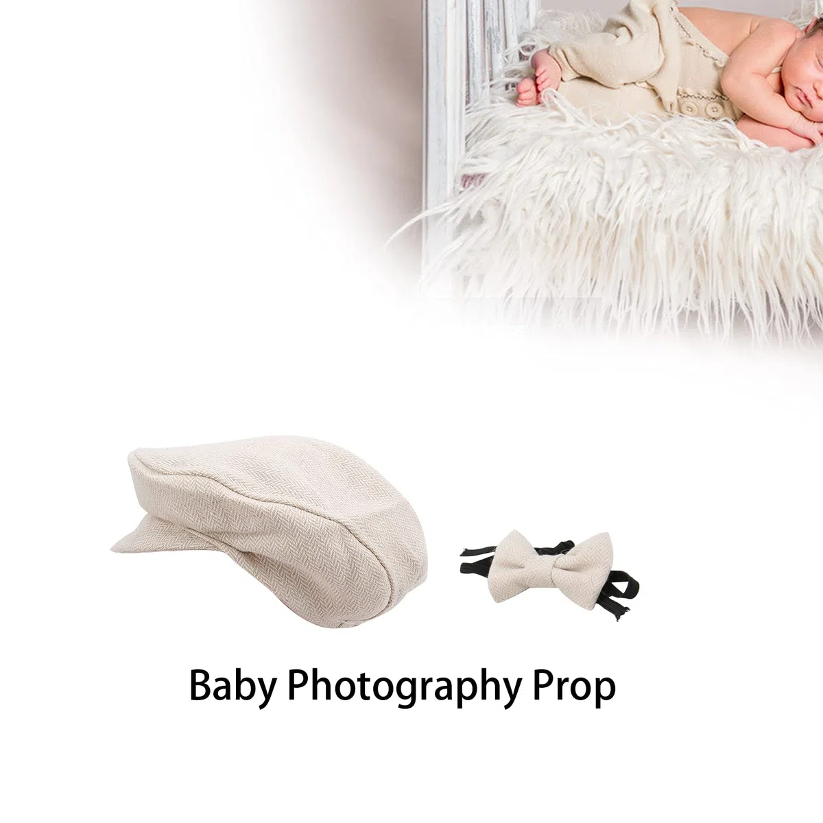Cappello da Gentiluomo con Berretto Piatto Papillon Fotografia Prop Neonato Fotografia Puntelli Cappello con Papillon Set(Beige)