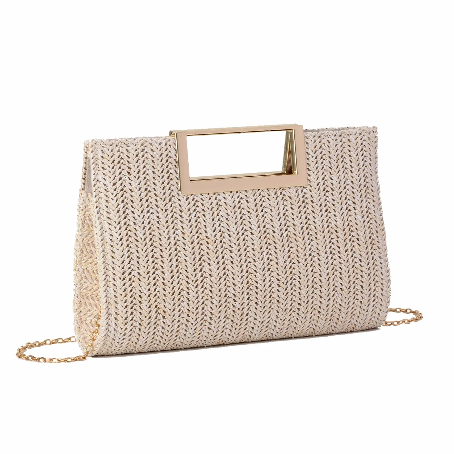 EVEOUT Pochette da Sera in Paglia Donna Clutch con Catena per Matrimonio Festa Estiva Borse a tracolla Rafia Intrecciata per Spiaggia Vacanze