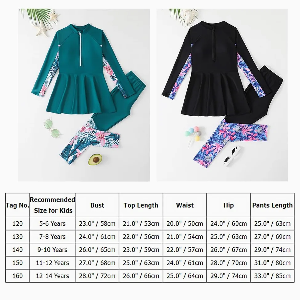 IMEKIS Costume da bagno musulmano, da bambina, a maniche lunghe, con costume da bagno in due pezzi, costume da bagno per bambini