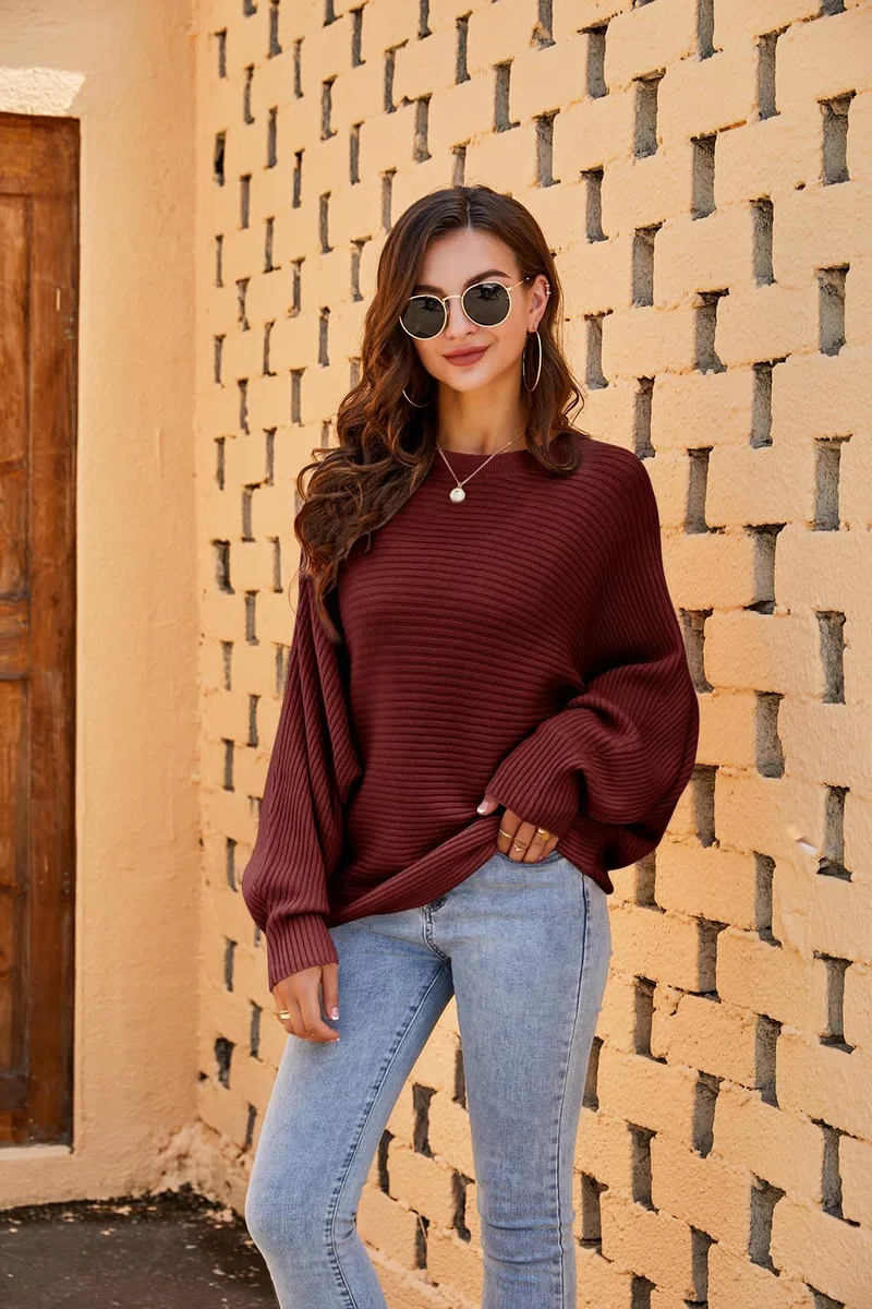 Fessceruna Maglione da Donna Oversize con Maniche a Pipistrello Lavorato a Maglia Invernale con Collo Rotondo Felpa a Coste