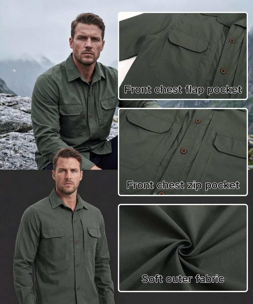 Camicia da Uomo a Maniche Lunghe Casual Traspirante Leggera Sportiva Camicia Safari Protezione UV Funzionale Shirt per Pesca Trekking