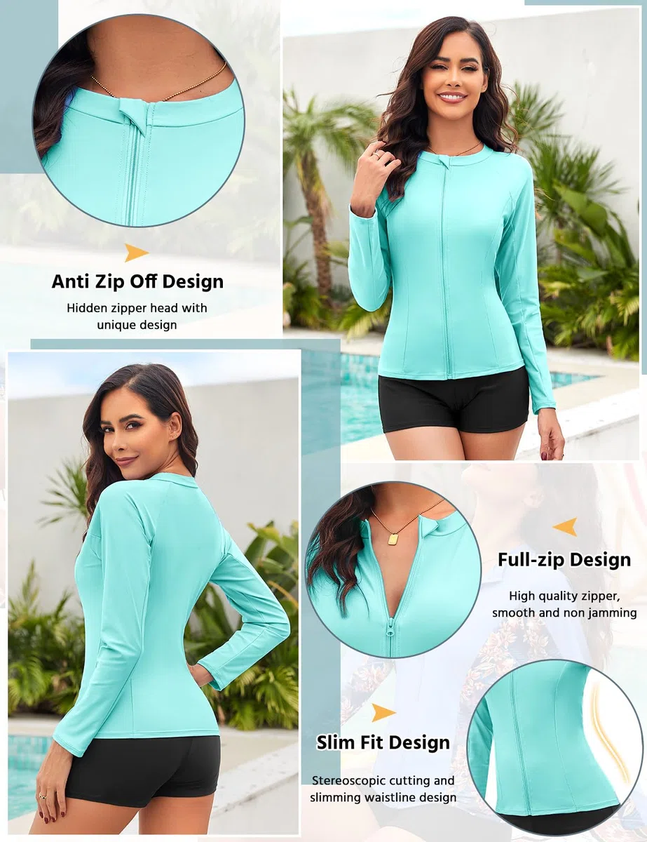 Tuopuda Rash Guard Donna Maniche Lunghe Maglietta Anti UV UPF50+ Top Protezione Solare Camicie da Bagno Asciugatura Rapida con Chiusura Lampo per Nuoto Surf Snorkeling