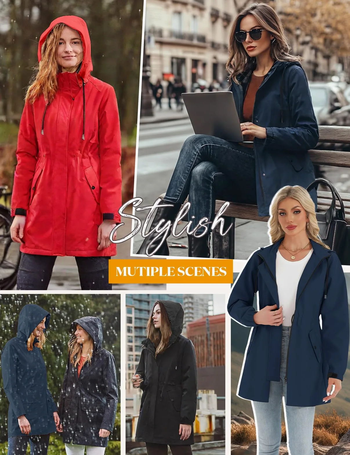Tuopuda Giacca da Pioggia da Donna Lungo Cappuccio Impermeabile Antipioggia Donna Giacca a Vento Cappuccio Mantella Leggera Poncho Impermeabile per Campeggio all'aperto Escursionismo