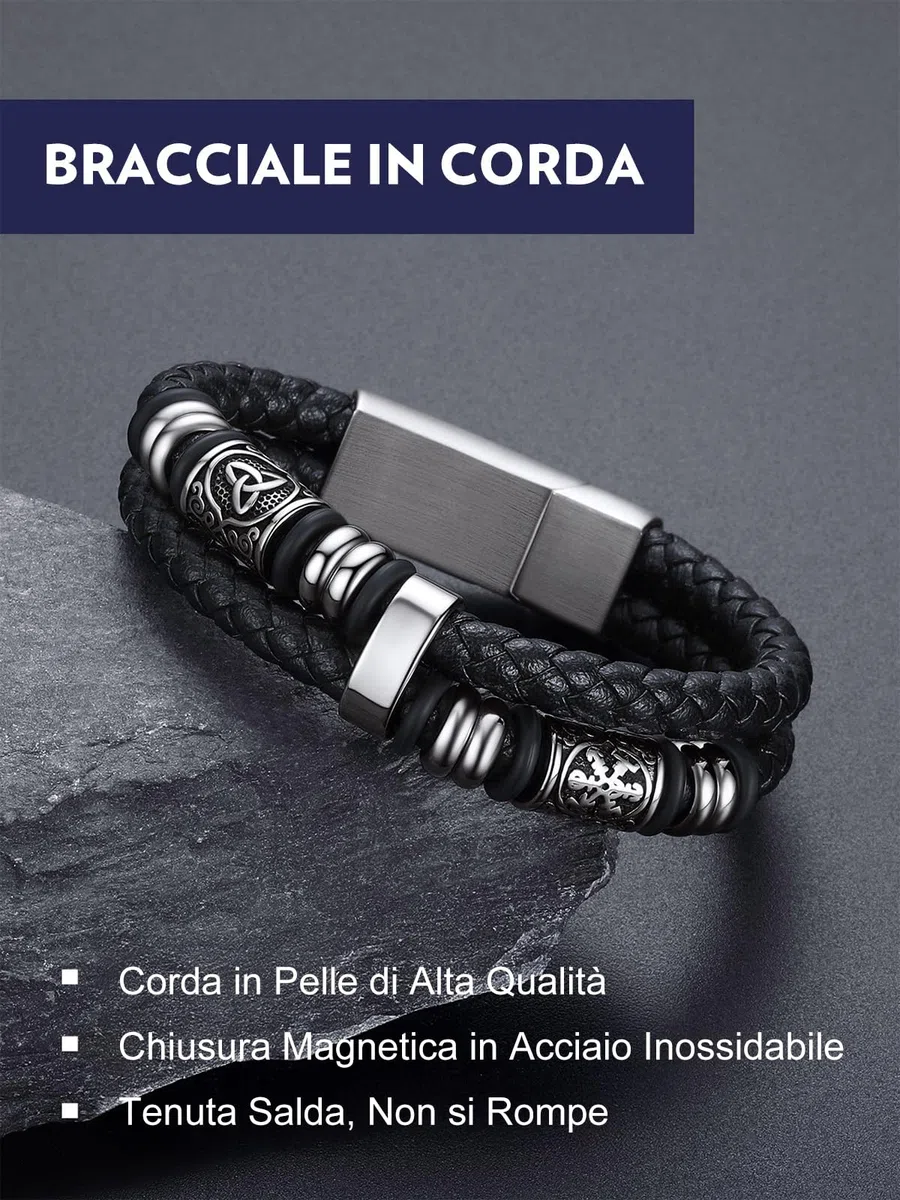 Bandmax Bracciale Uomo Pelle Cuoio Intrecciata con Chiusura Magnetica in Acciaio Inossidabile, Argento/Oro/Nero Braccialetto Uomo Personalizzato con Bussola Vichingo, Idee Regalo Uomo Papà Ragazzo