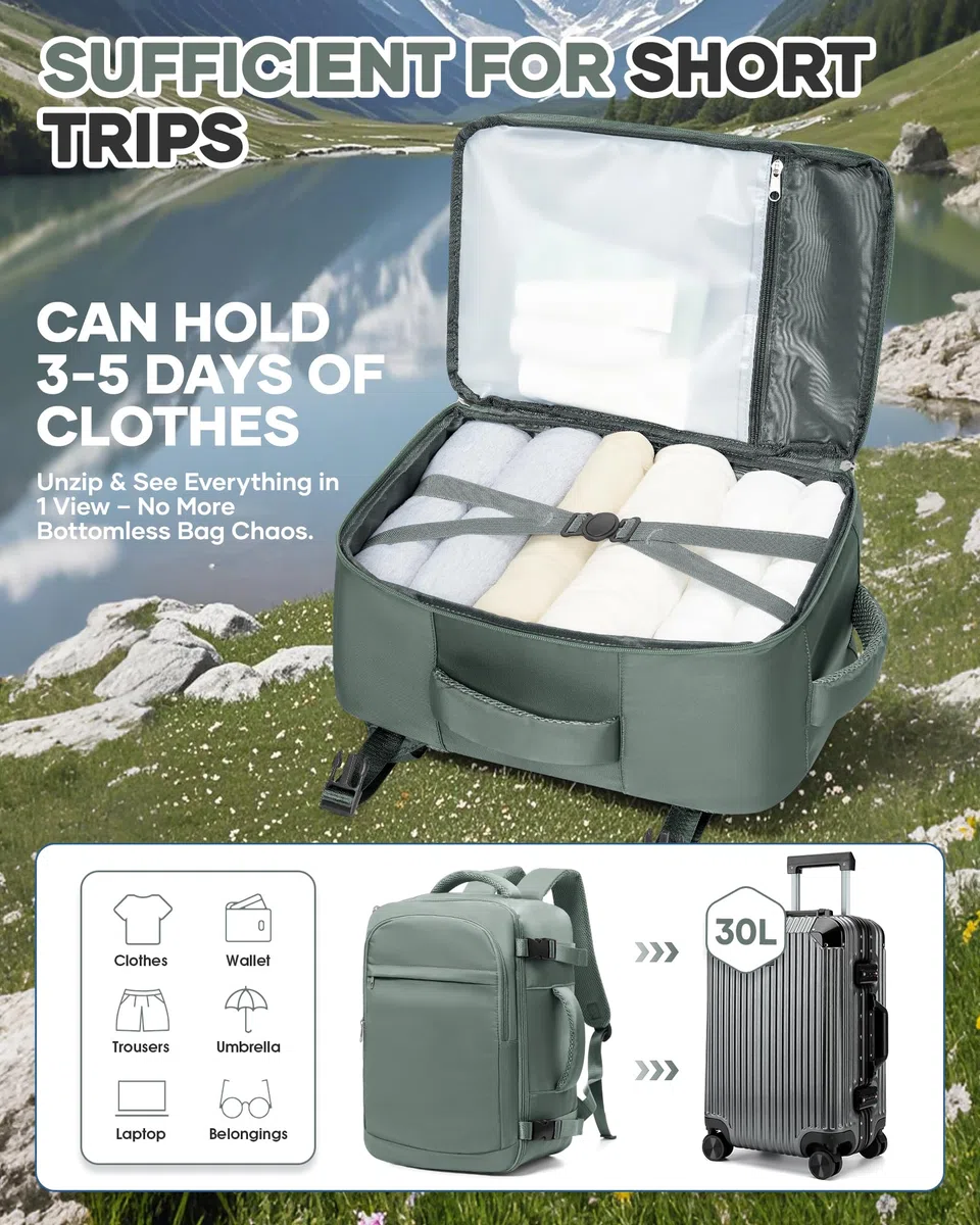 Zaino da Viaggio 40x30x20 Vueling Zaini Impermeabile Aereo Ryanair 40x20x30 Wizzair Zaino per Bagaglio sotto sedile - Verde
