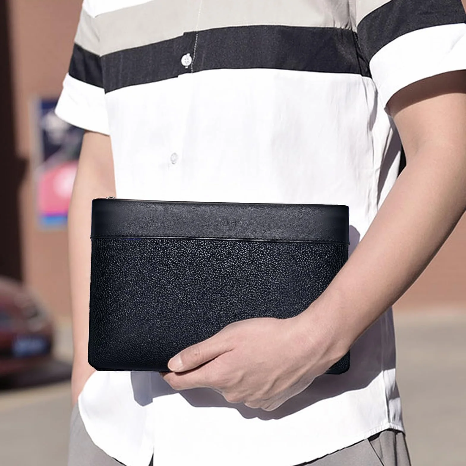 Eshow Pochette Uomo, Borsello Uomo a Mano in Pelle Sintetica, Borsa da Polso Borsetta Chiusura a Zip para Lavoro Ufficio Viaggio Conferenza Nero