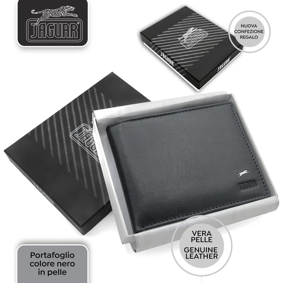 JAGUAR Portafoglio Uomo Pelle Vera Dotato di Scomparti Carte, Portamonete Banconote e Documenti, Idea Regalo Uomo dal Design Classico e Raffinato, Leggero (soli 75gr) Nero