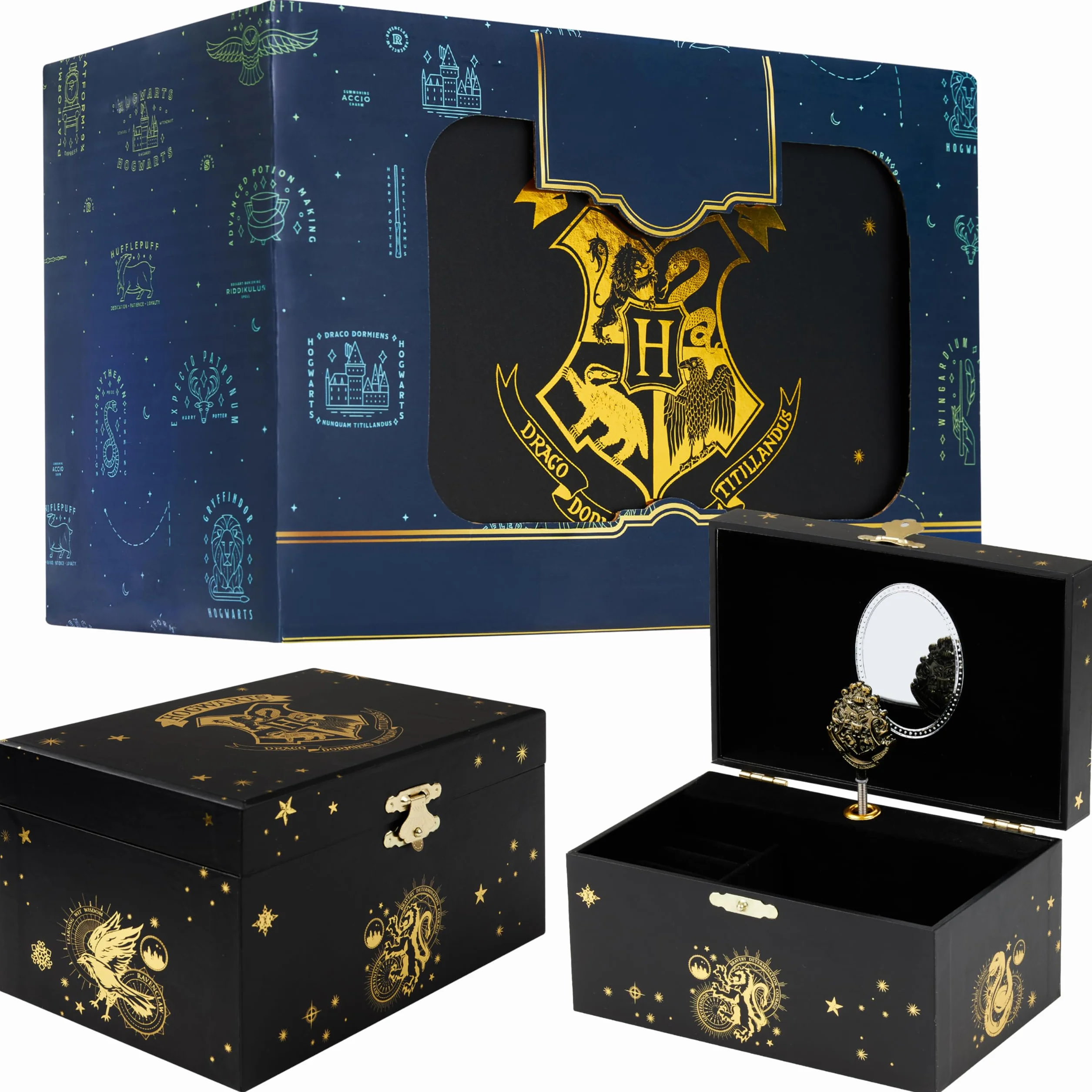 Harry Potter Portagioie Musicale per Bambina Carillon Con Stemma di Hogwarts Rotante e Specchio Gadget Originali