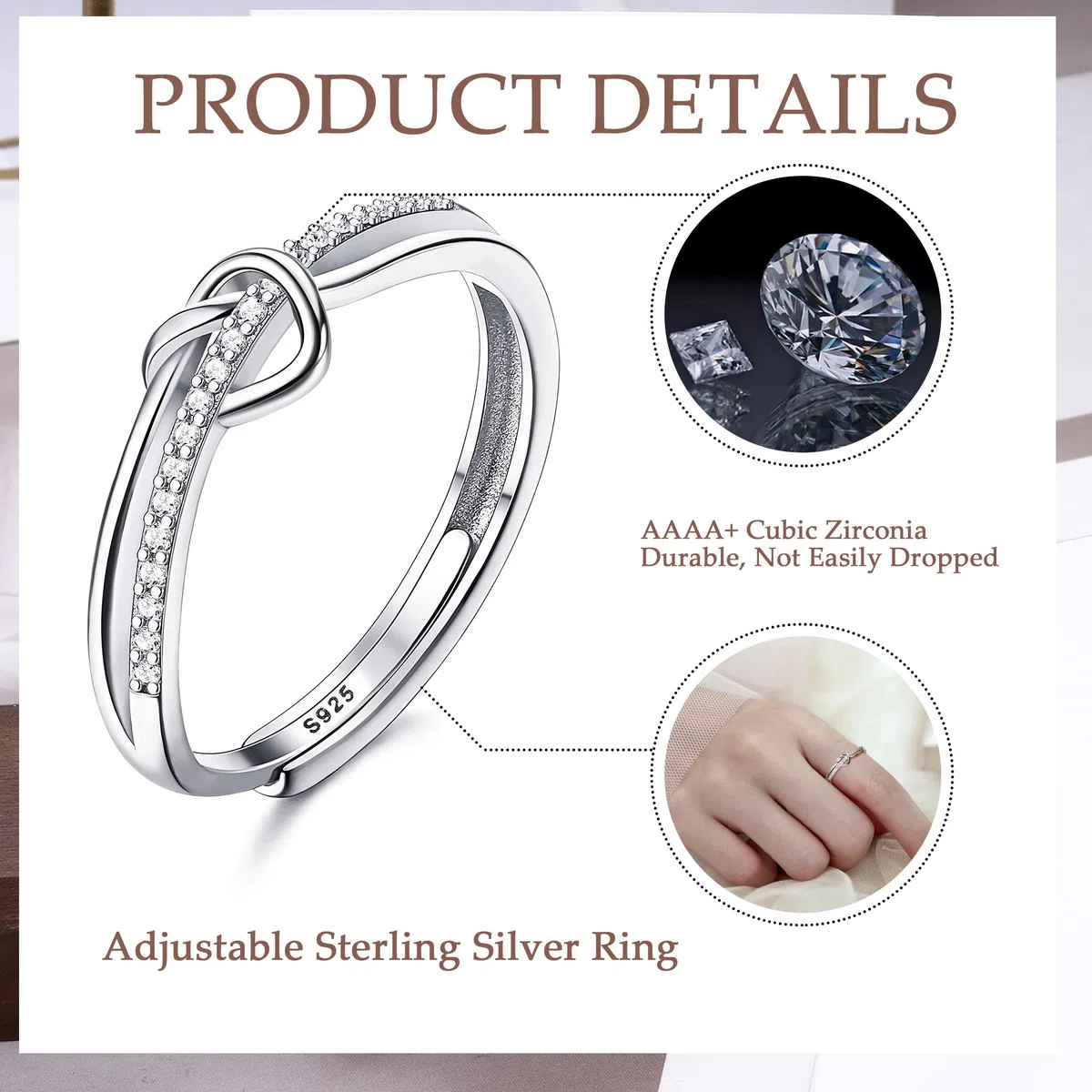 ADRAMATA Anello in Argento 925 per Donna, Anello Regolabile con Nodo d'amore, Anello di Fidanzamento in Argento 925 Regalo di Anniversario