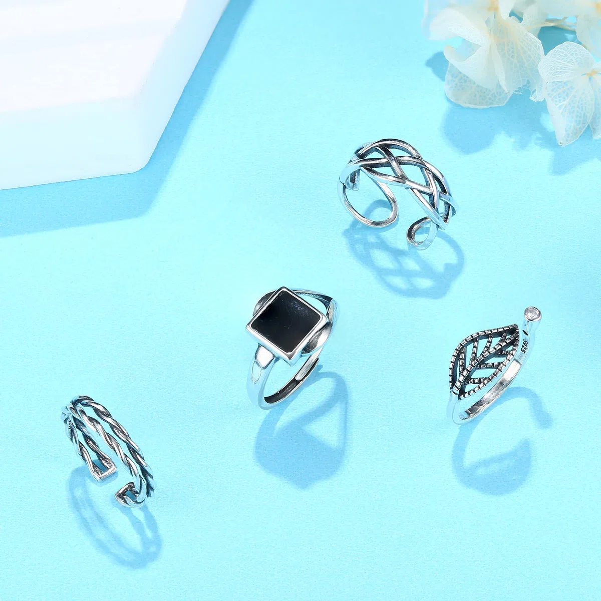 MILACOLATO Anello Argento 925 Regolabile per Donna Ragazze, Aperto Vintage Argento Nodo Celtico/Foglia CZ/Quadrato Smaltato Nero/Gioielli ad Anello a Dito Doppio Attorcigliato con Confezione Regalo