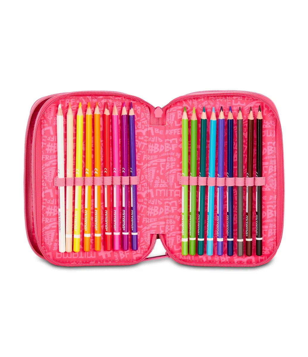 Mitama Astuccio Scuola 3 Scomparti, TRIPLO FURRYPINK, Contenuto 47 pz, Completo di Matite, Pennarelli, Portapenne Scuola Elementare Bambina