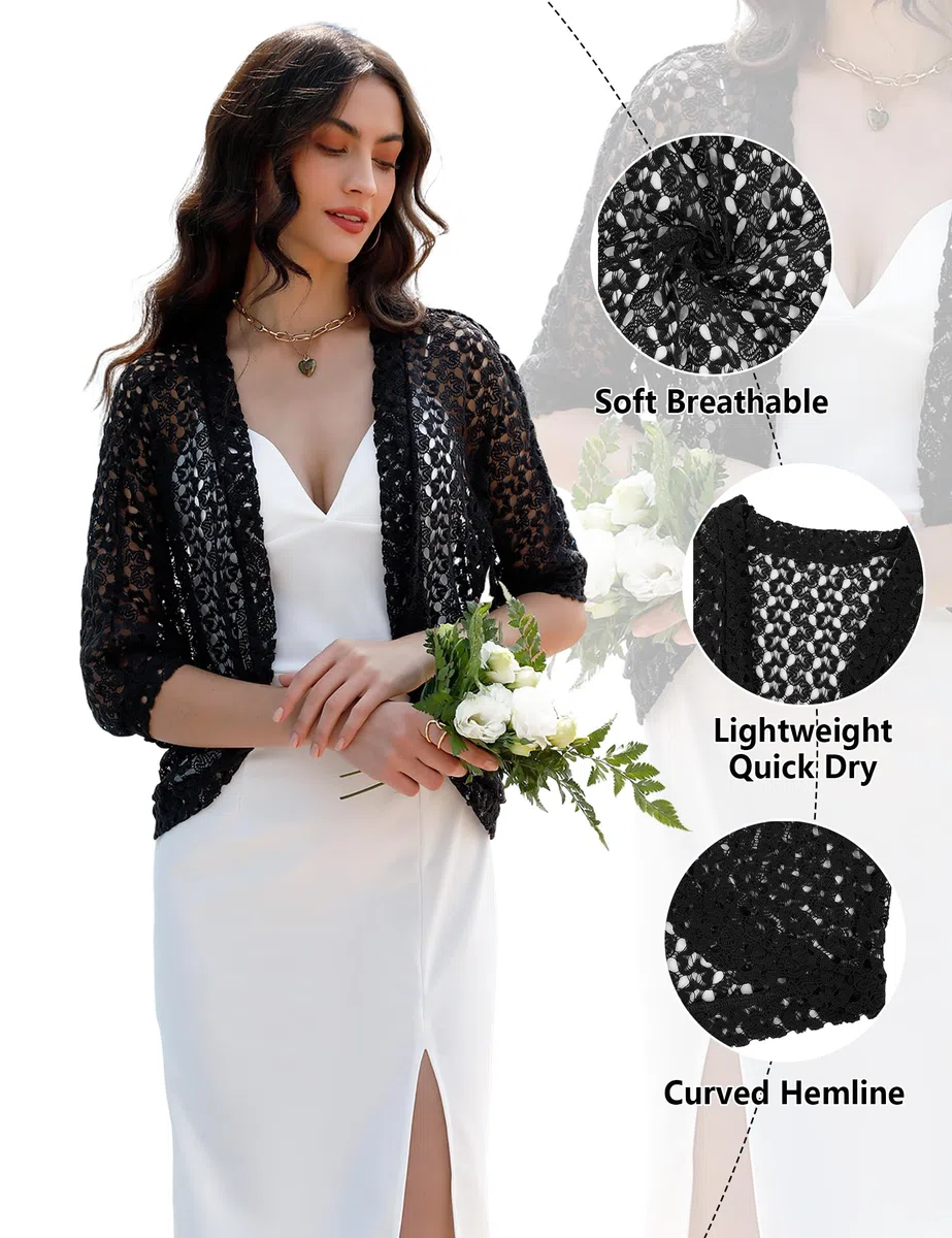 Gyabnw Coprispalle Donna Casual Elegante Leggero Cardigan Estivo Corto a 3/4 Maniche Chic Gilet Aperto a Pizzo Bolero Elegante Traspirante Shrug