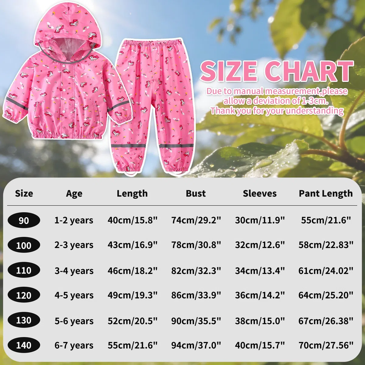 JinBei Tuta Impermeabile Bambino Leggero Tuta Pioggia Bambina con Cappuccio Traspirante Pantaloni e Giacca Antipioggia Impermeabili Spezzata con Strisce Riflettenti per Matsch Outdoor 1-7 Anni