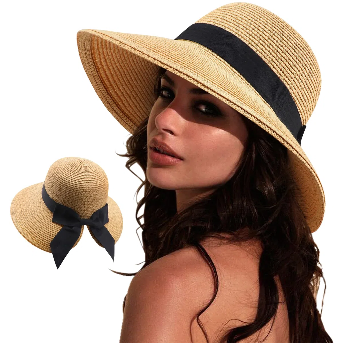DRESHOW Cappelli da Sole per Donna Fedora da Viaggio Pieghevole da Spiaggia Cappello da Sole Sstivo a Tesa Larga in Paglia con Fiocco UPF 50+