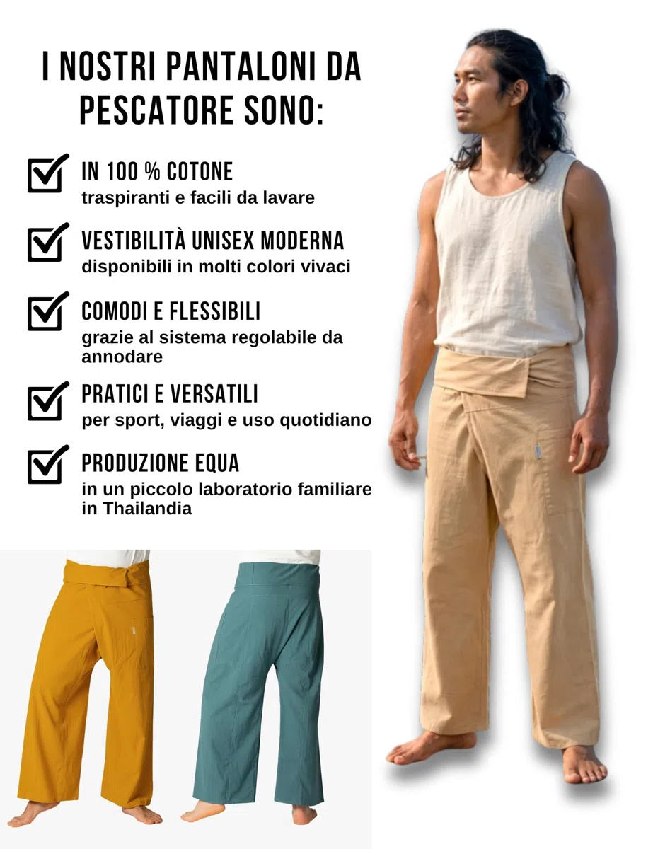 PANASIAM Pantaloni Pescatore Thailandesi in Cotone per Donna e Uomo - Pantaloni Thailandesi Larghi Unisex con vestibilità Regolabile in 2 Lunghezze - Ideali per Yoga e Arti Marziali