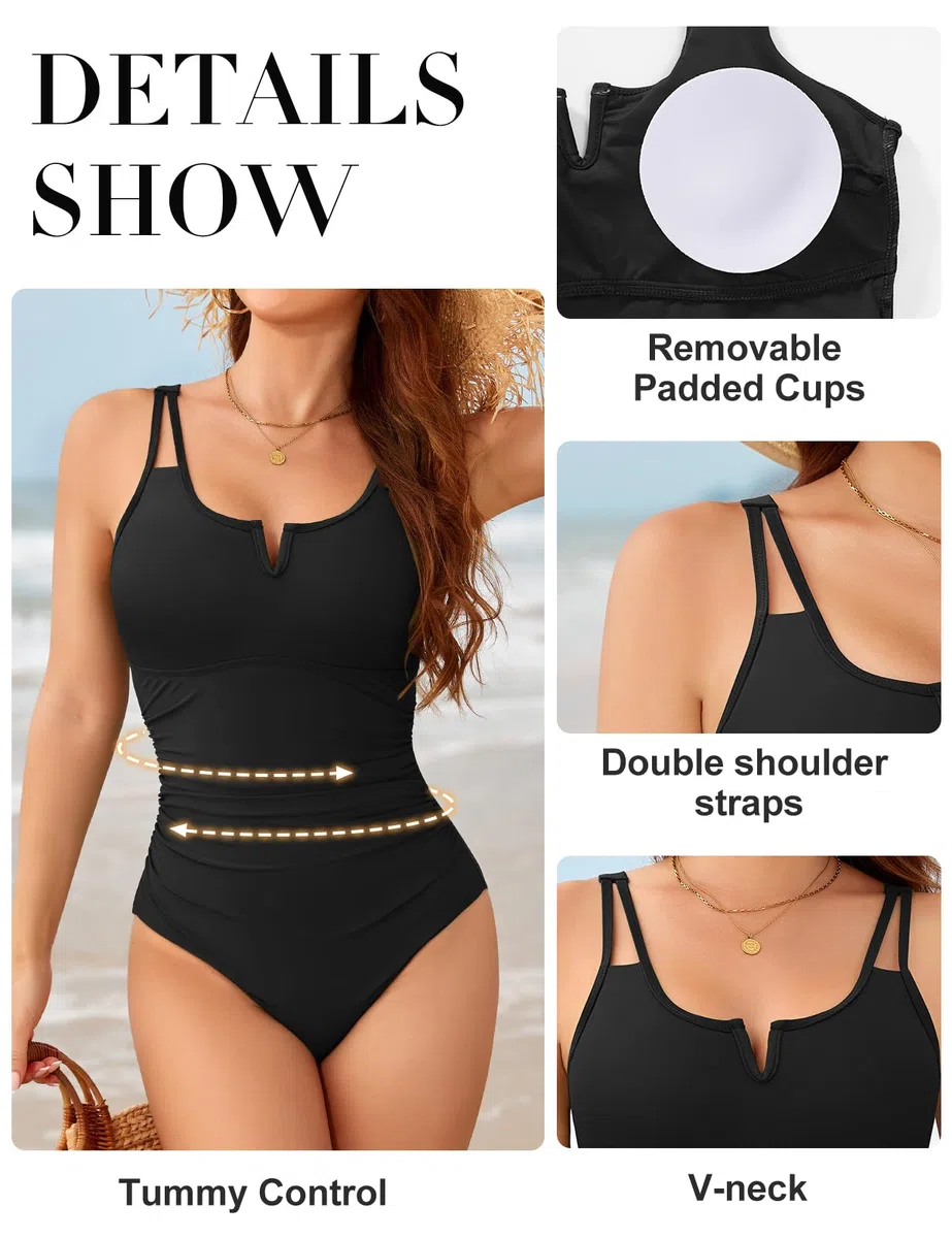 Costume Intero Donna Curvy Contenitivo Pancia Push Up Costumi da Bagno Controllo della Pancia Swimsuit Scollo A V Mare con Doppie Cinghie