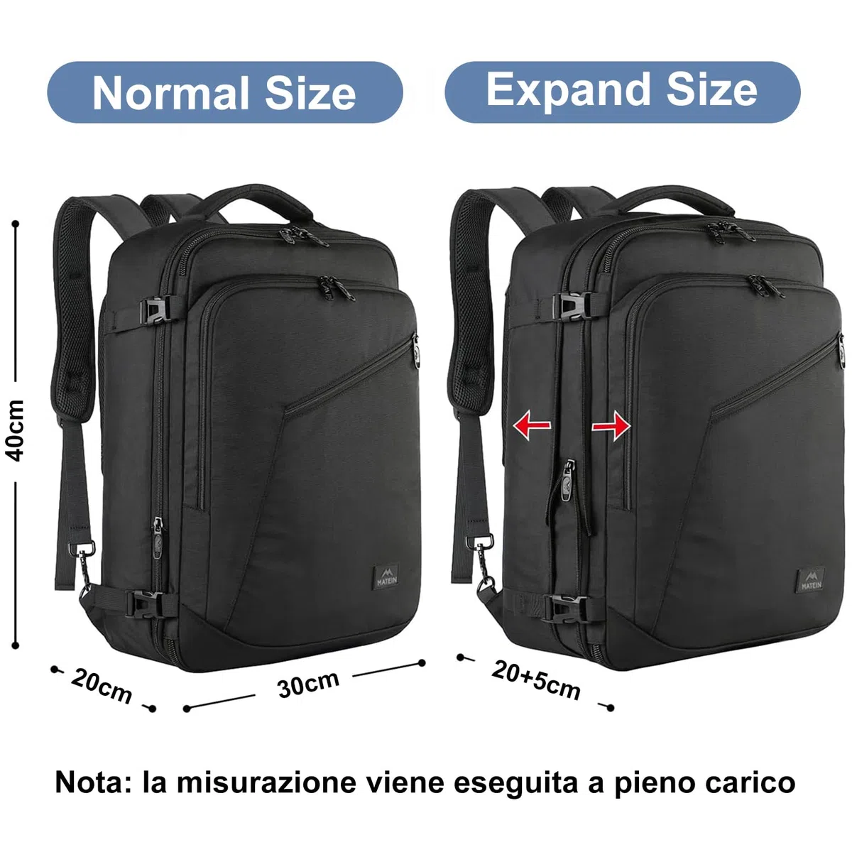 MATEIN Zaino Ryanair 40x30x20, Espandibile Zaino 40x30x20 per Uomo e Donna, 24L Zaini da Viaggio, Multitasche Bagaglio a Mano Aereo Compatto, Leggero Travel Bag per Ryanair, Wizz Air, Easyjet, Nero