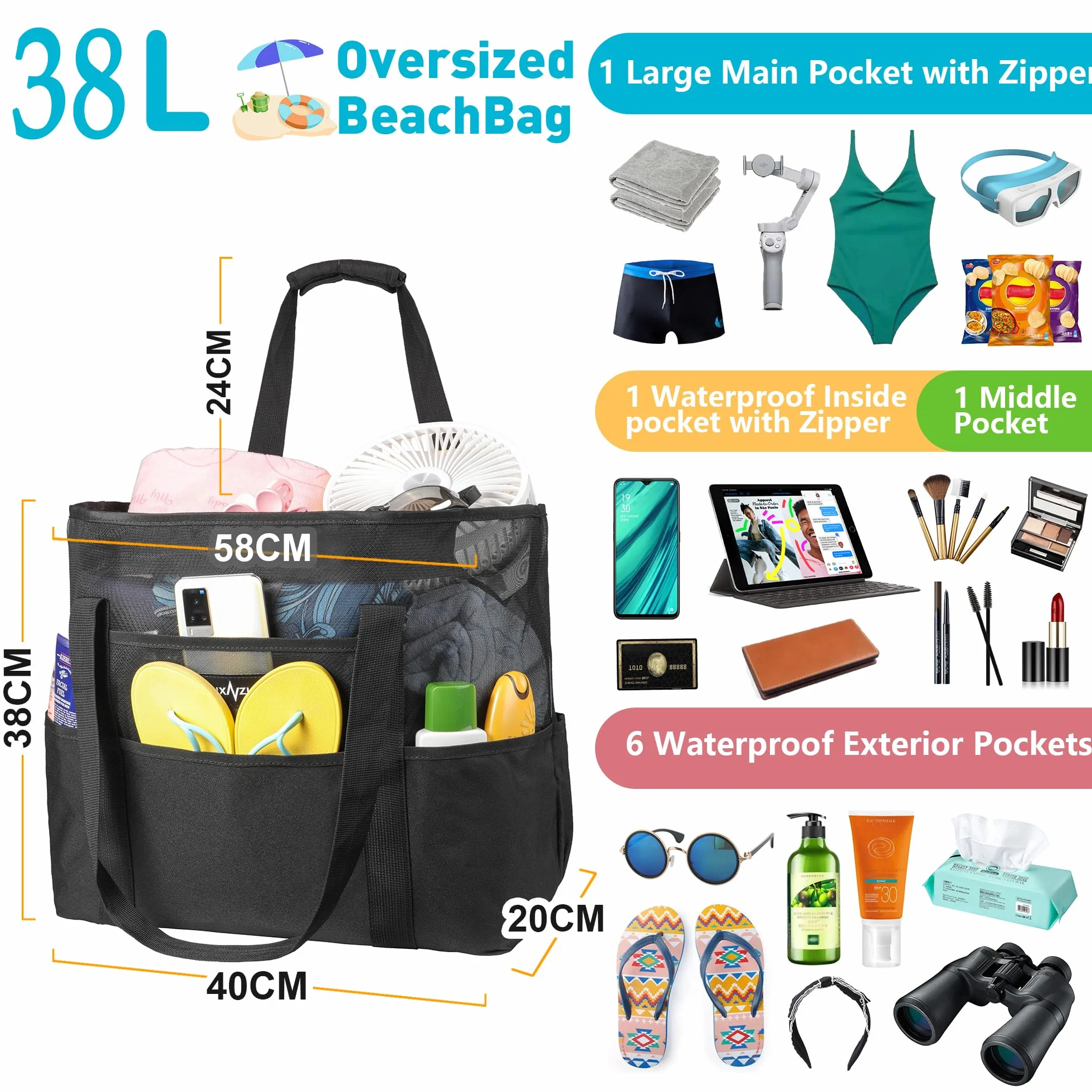 Borsa Mare Grande Con Cerniera, Borsa Spiaggia, Pieghevole Rete Borsa Porta, Supermercato Famiglia Nuoto la Palestra Estate Donna Uomo