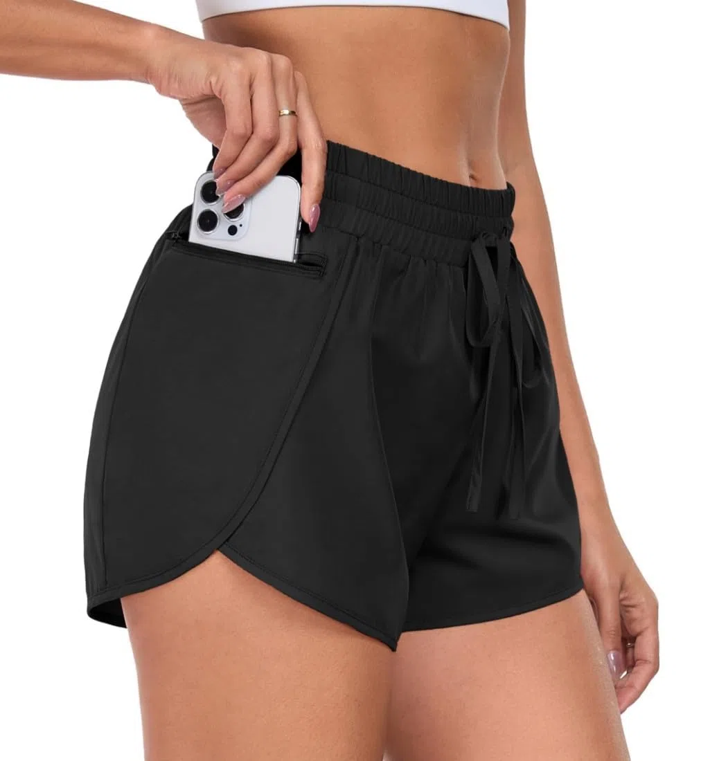 PrinStory Pantaloncini sportivi da donna, corti da corsa, 2 in 1, con spacco laterale, con tasca per cellulare