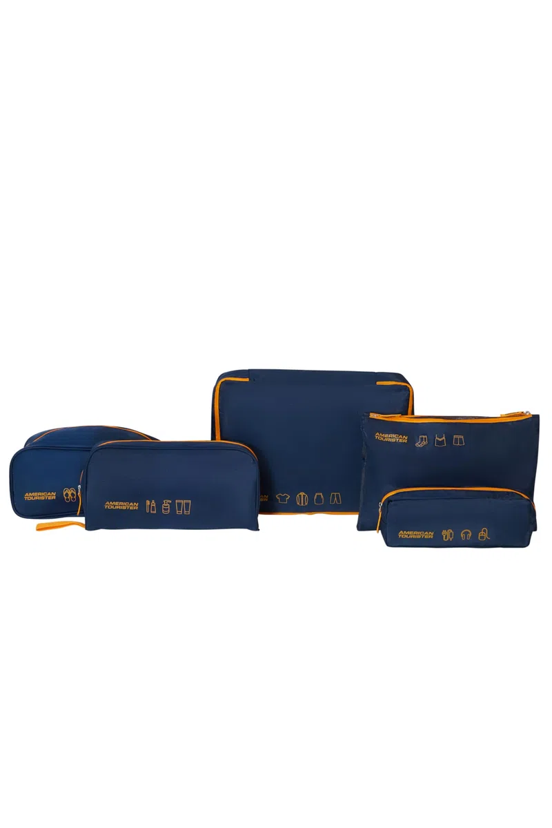 American Tourister Set di Cubi da Viaggio 5 Pezzi – Organizer da Viaggio & Organizer pr Valigia pr Vestiti, Scarpe e Accessori, Organizer pr Bagaglio e Bagaglio a Mano, Blu Scuro/Arancione