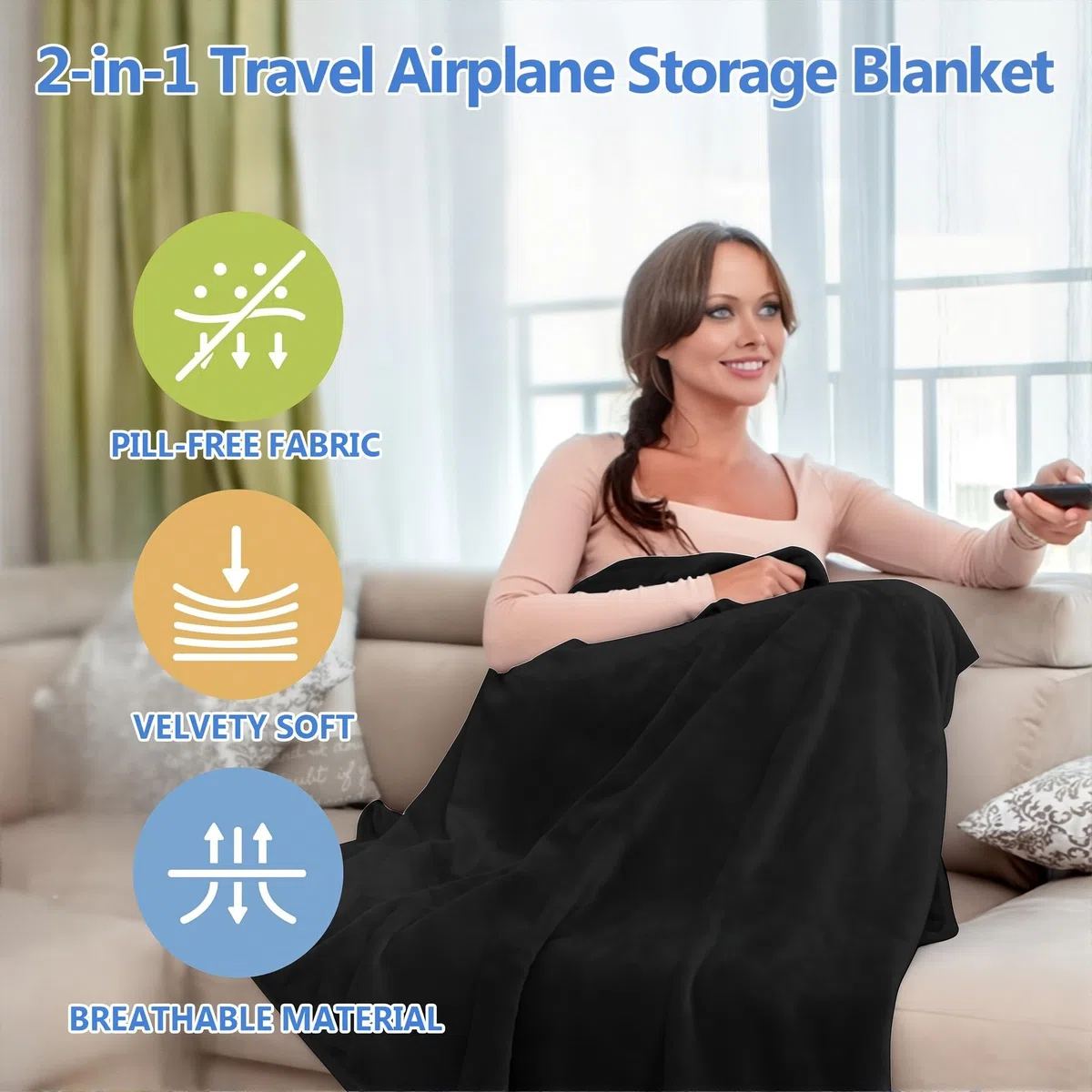 NHQZ Coperta da Viaggio,50x60in(152 x127cm) Coperta da Viaggio e Cuscino,Morbido e Caldo 2 in 1,Portatile Aereo per Viaggi D'affari e Ufficio (Nero)