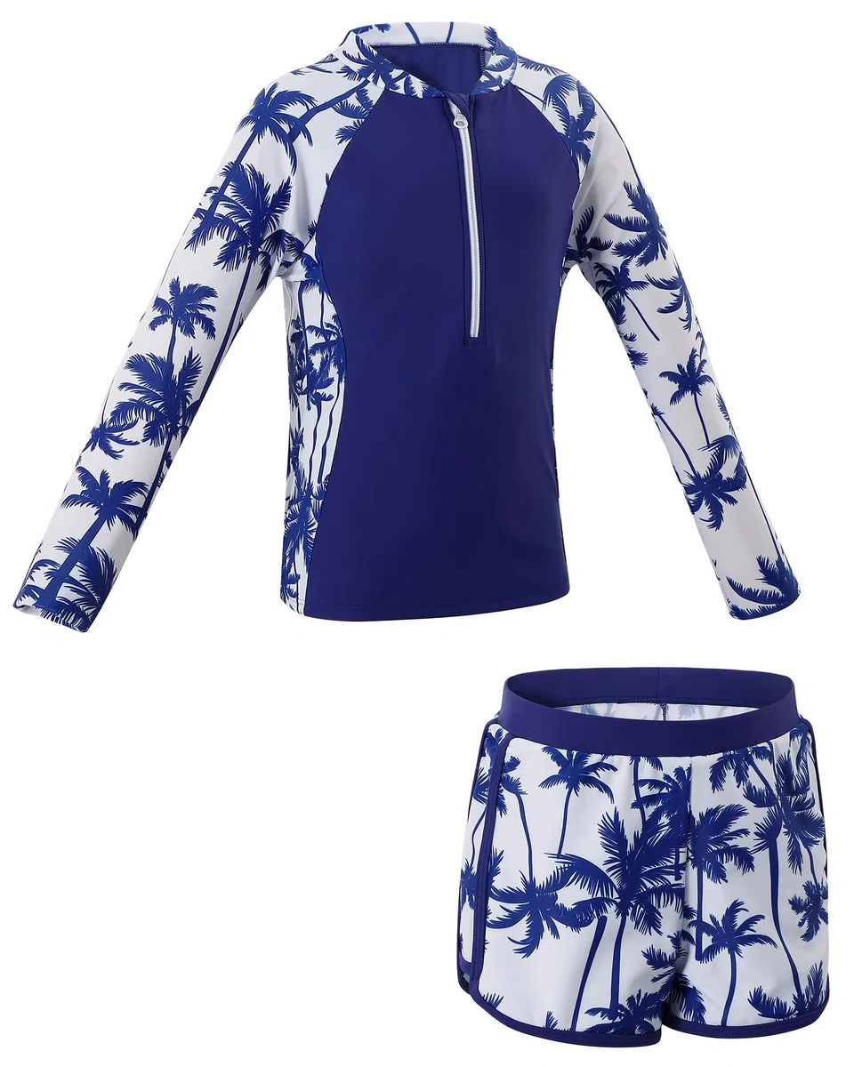 Costume Piscina Bambina Due Pezzi a Maniche Lunghe Anti-UV Set Rash Guard Piscina con Coppette Rimovibili per Ragazze