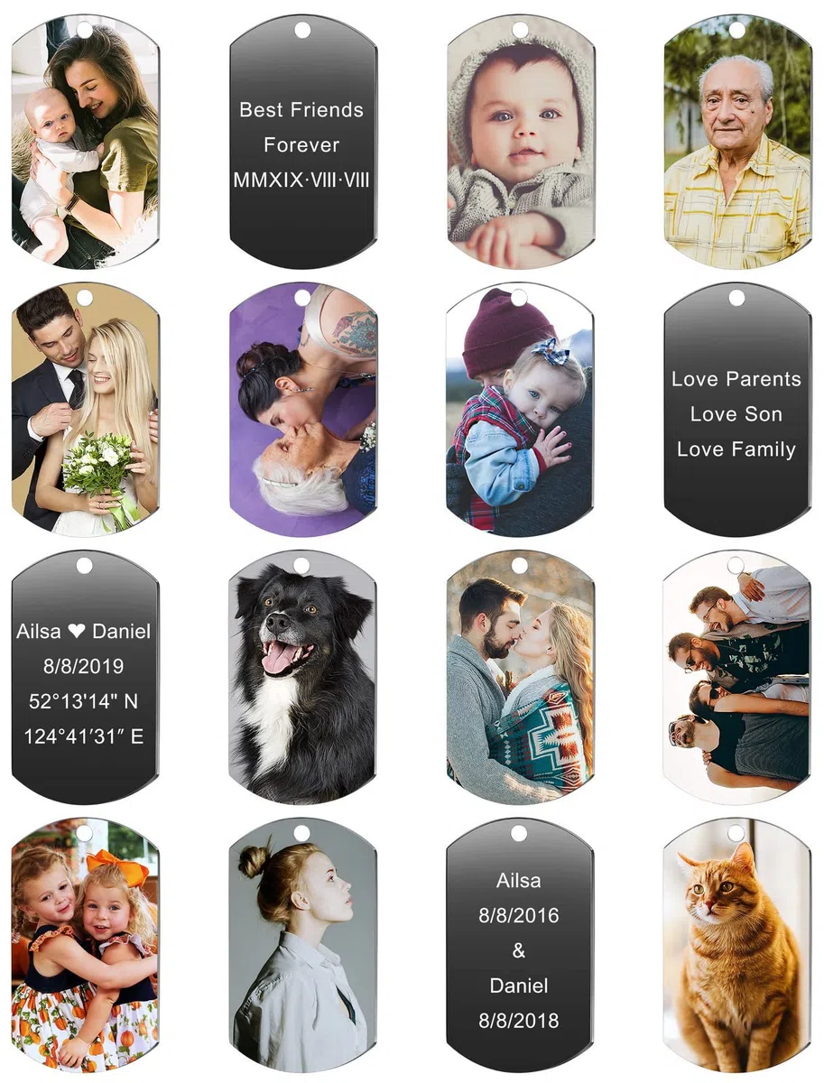 INBLUE Collana con Ciondolo Personalizzato Etichetta per Cani Data/Testo/Foto Collana in Acciaio Inossidabile per Uomo Donna Ragazzi Ragazze Bundle Catena Regolabile, Portachiavi, Silenziatore