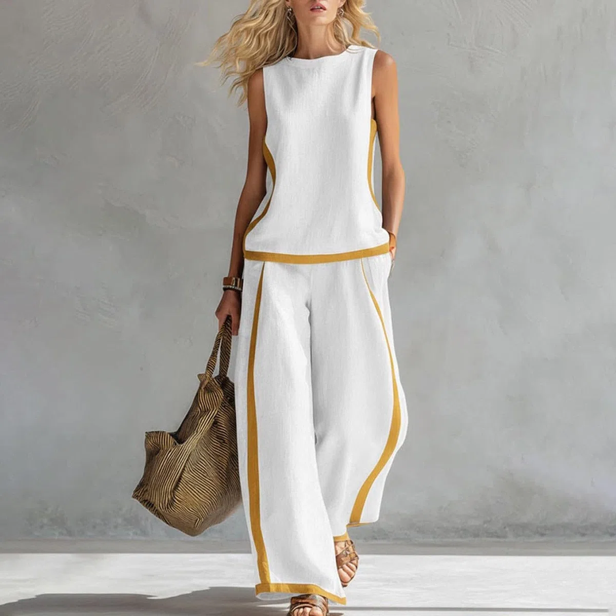 Tuta Estiva Donna Senza Maniche Cotone Set Completo Estivo 2 Pezzi in Lino Canottiere e Pantaloni Completi Estivi Curvy Casual Elegante Larghi Abbigliamento Estive Spiaggia per le Vacanza
