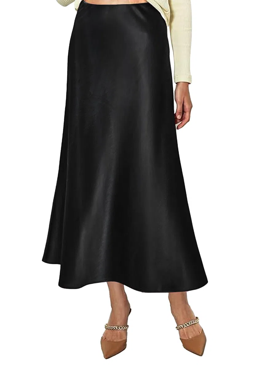 Gonna Raso Lunga da Donna Vita Alta Elegante Elastico Gonna Satin Casual Midi Gonne A Linea Ufficio Seta Pieghe Skirt a Mezza Autunno