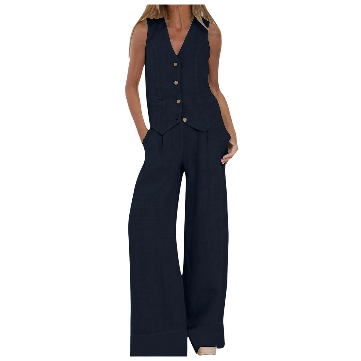 Generico Tailleur Donna Eleganti 2 Pezzi Set Gilet Con Scollo a V Senza Maniche Pantaloni a Gamba Larga Forti Completo Set Estate Lino Abbinato Tuta
