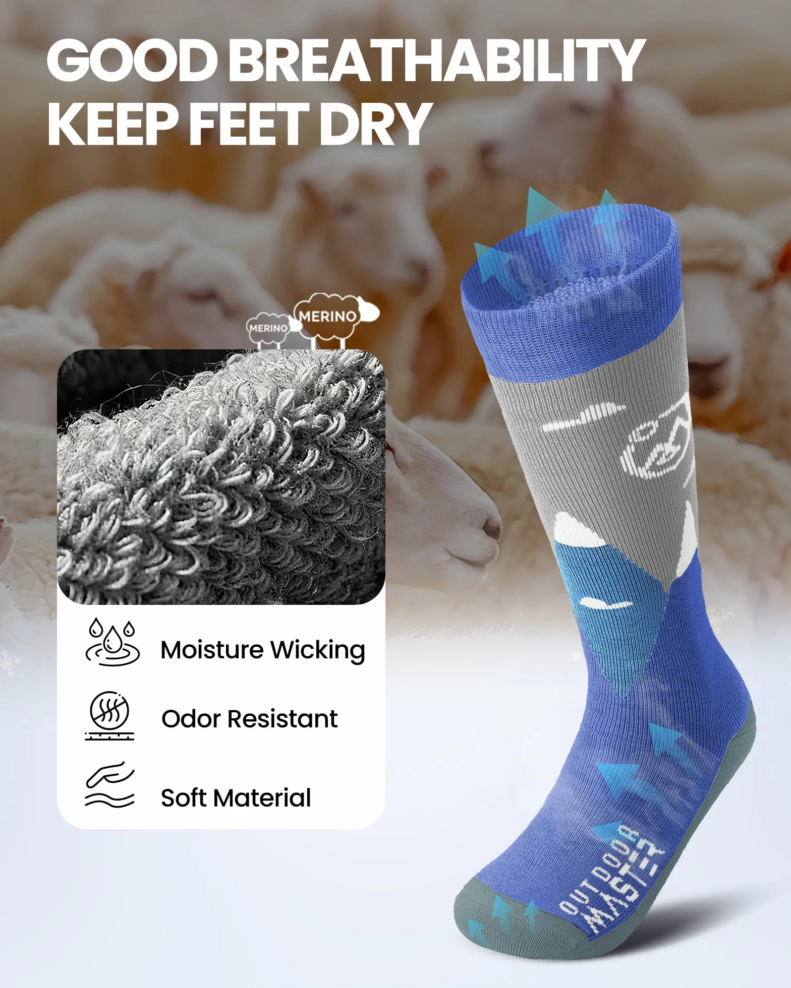 OutdoorMaster 2 Paia Lana Merino Calze da Sci per bambini, Calze Invernali da Snowboard Traspiranti per Ragazze/Ragazzi per Sport All'aria aperta con Sopra il Polpaccio Design/Polsini Antiscivolo