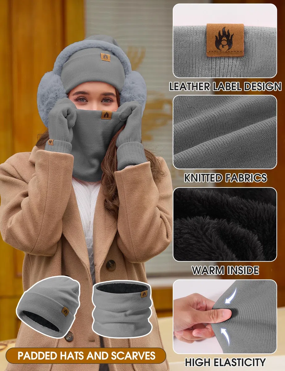 Donna Inverno Cappello Sciarpa e Touchscreen Guanti Set Caldo Scaldacollo Foderato Pile Berretto Sciarpa a Maglia Scaldaorecchie in Peluche Calze 5 Pezzi per Invernali Sport Sci all'aperto