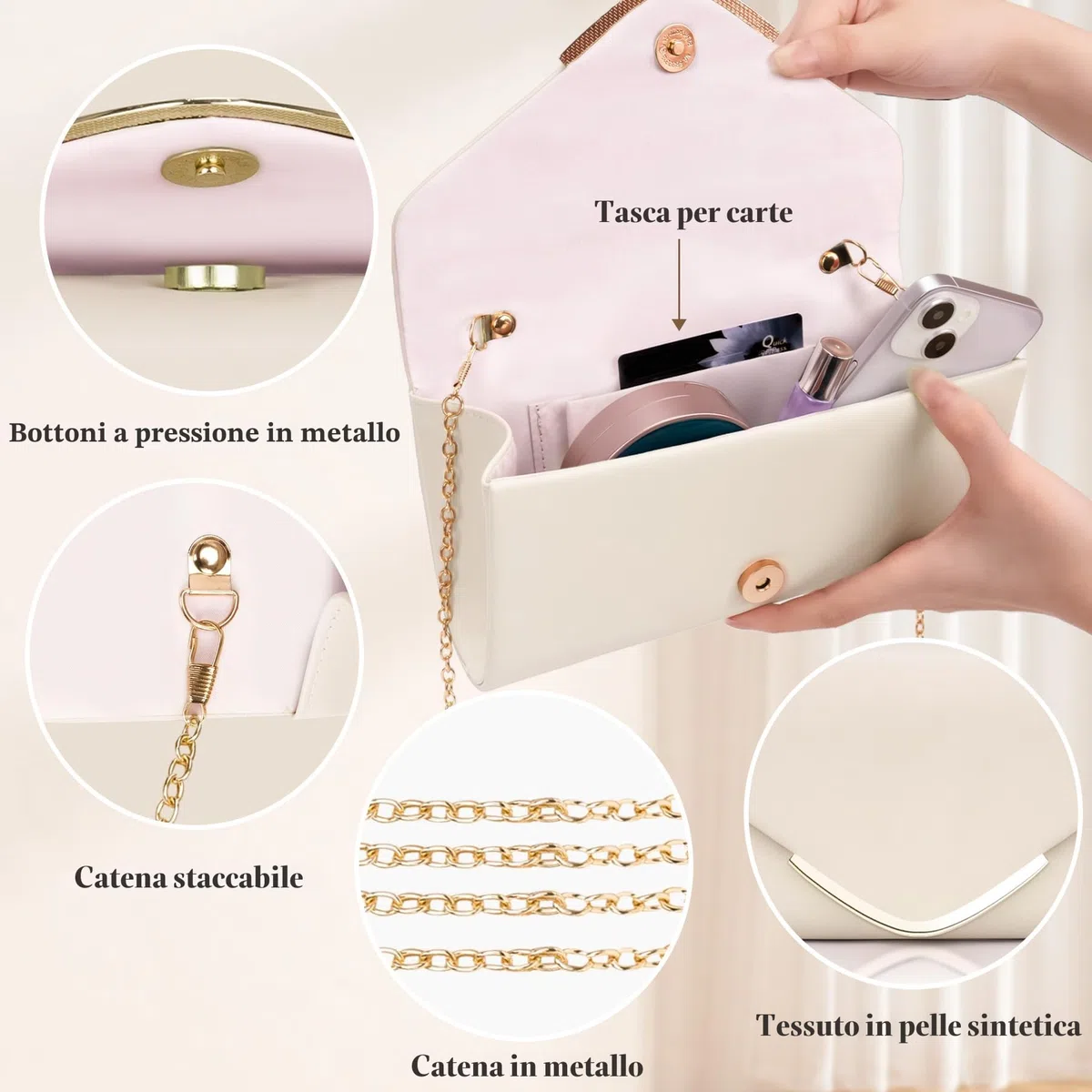 Larcenciel Pochette Donna Nuda, Borsa Tracolla Donna da Sera a Busta in Pelle Vegana Alla Moda con Catena, Elegante Borsa a Spalla Donna