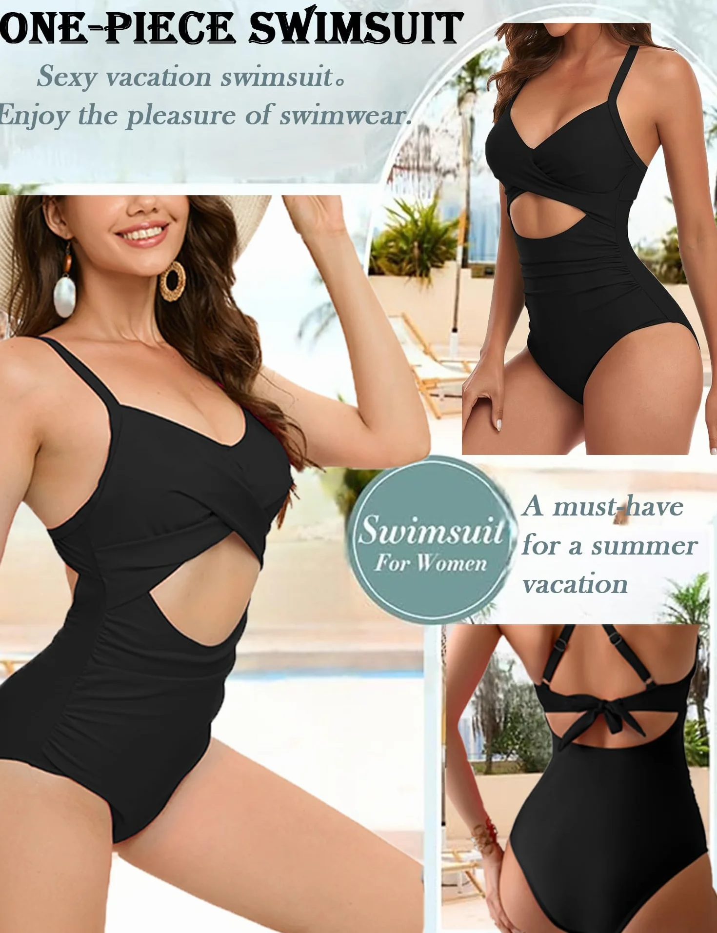 Costume da Bagno Intero Donna Sexy Scollo a V Costumi da Bagno Sling Regolabili Bikini Push Up Imbottito Reggiseno Curvy Vita Alta Costumi Un Pezzo Controllo Pancia Spiaggia Beachwear Swimwear