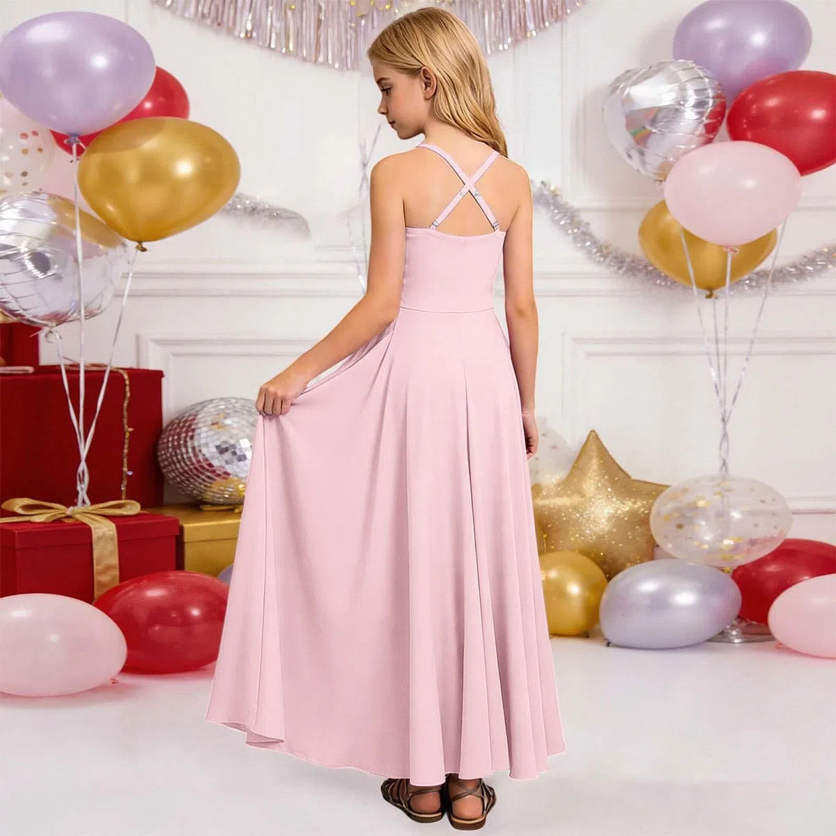 Generico Abito da Damigella d'Onore per Ragazze Lungo Increspato Linea ad A Maxi Abito in Raso per Adolescenti Abito Formale da Sposa per Feste serali