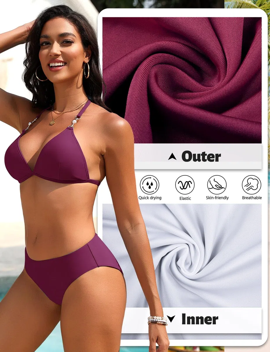 UMIPUBO Costume da Bagno Donna Due Pezzi Sexy Triangolo Top Costumi Bikini Set con Perline Brasiliano Reggiseno Coulisse Spiaggia Beachwear